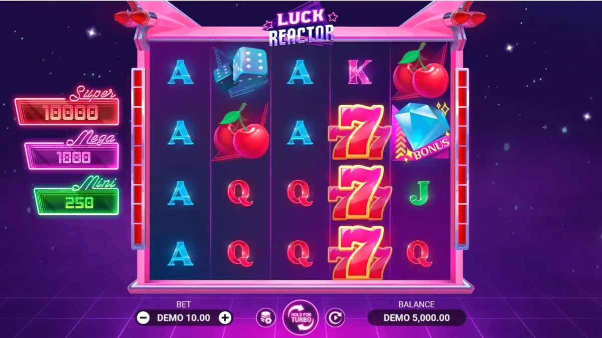 Tampilan visual slot Luck Reactor dengan tema futuristik dan neon