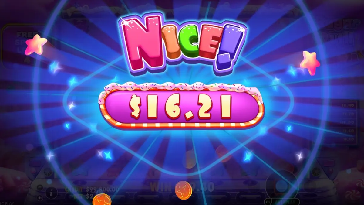 Tampilan visual slot Sugar Rush Super Scatter dengan grid 7x7 yang penuh warna
