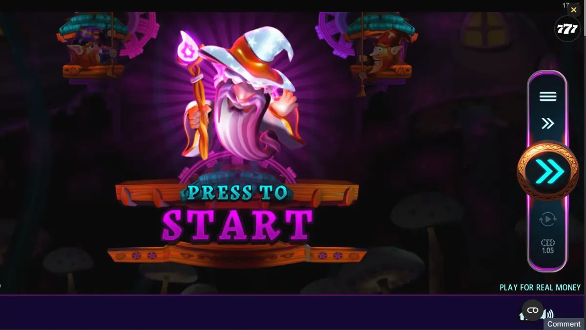 Visual bertema fantasi dari slot Fire Gnomes 2 Magic Wheel dengan latar belakang hutan jamur yang bercahaya.