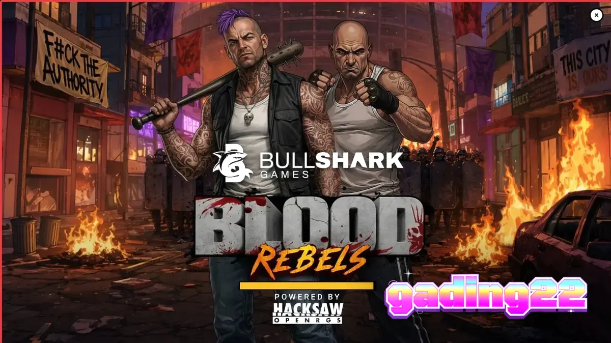 Tampilan visual slot Blood Rebels dengan tema urban dan simbol senjata jalanan